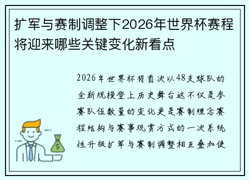 扩军与赛制调整下2026年世界杯赛程将迎来哪些关键变化新看点